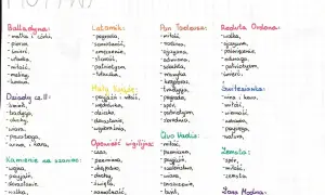 Ręcznie pisana lista motywów literackich z podziałem na utwory, m.in. Balladyna, Pan Tadeusz, Mały Książę.